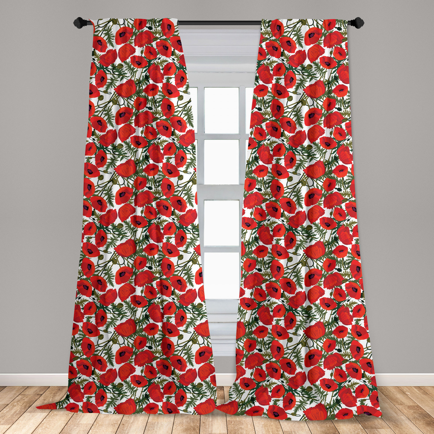 Poppy Curtains 2 Panels Set, Abstract Flower Pattern with Garden