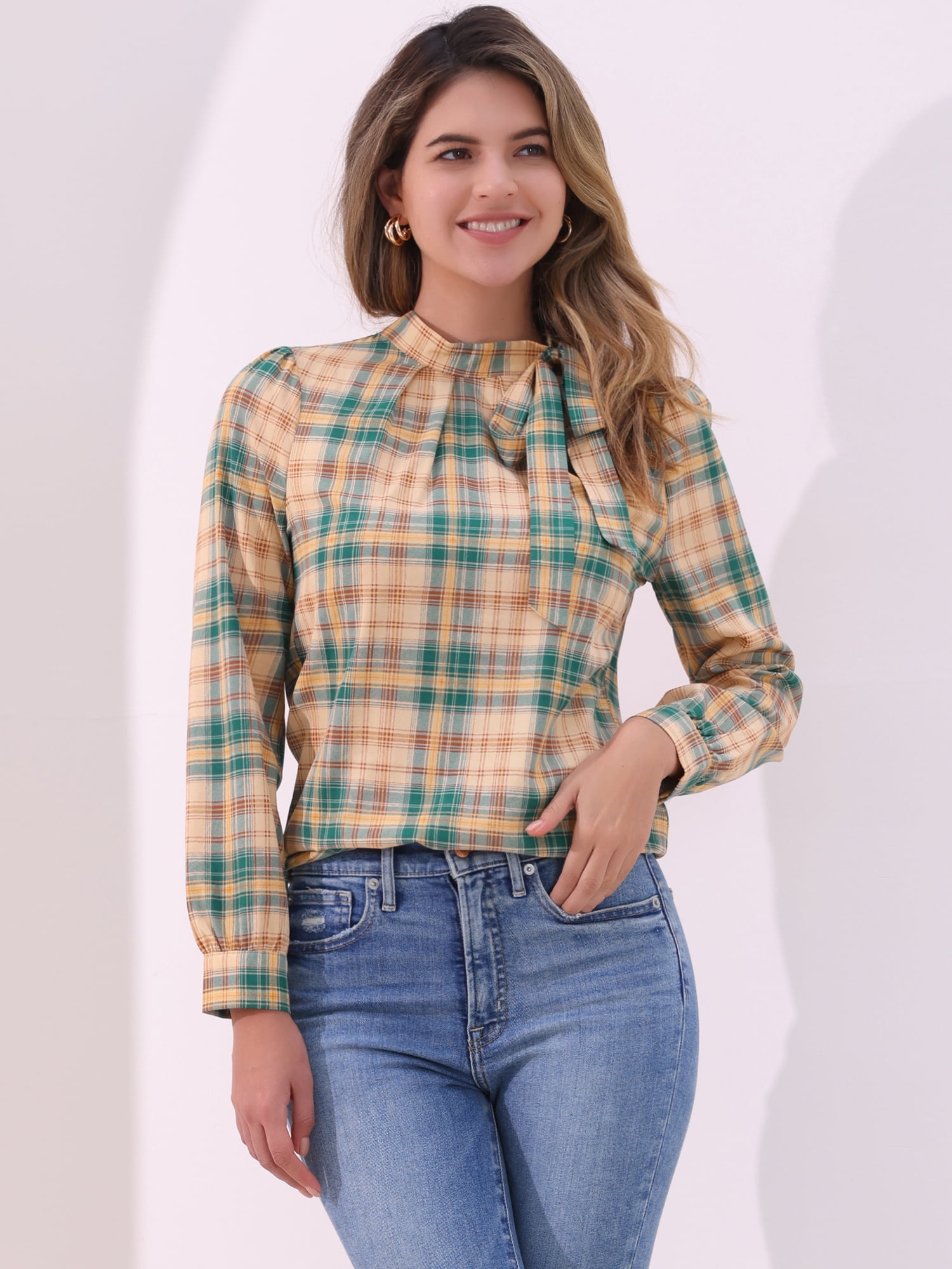 DARING DIVA Bow-Tie Neck Office Work Checks Shirt Top S khaki Brown Green
