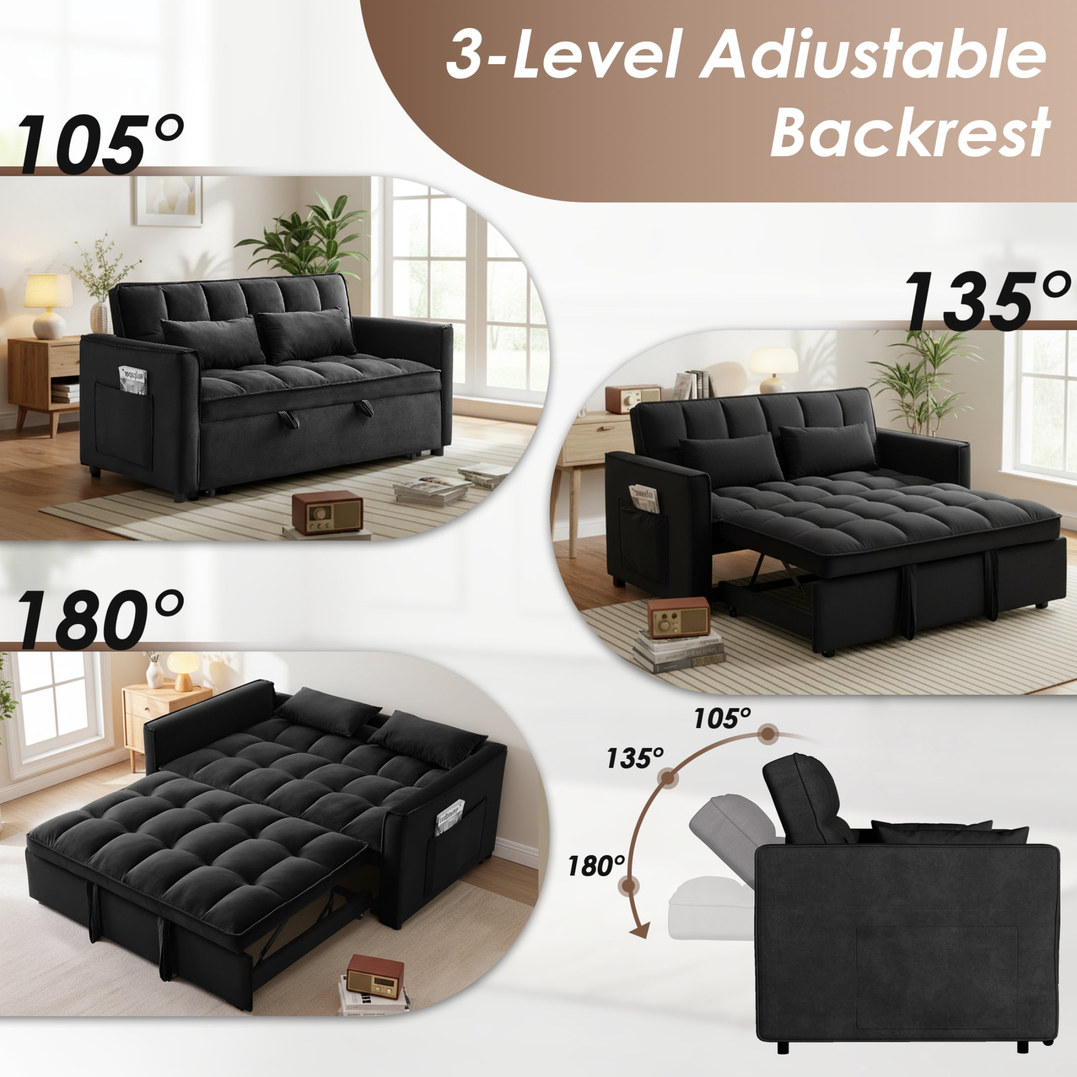 Vinform 55" 3 in 1 Convertible Sleeper Sofa Bed, Pull Out Loveseat Couch with Storage Pocket, Black(Thick Sponge)