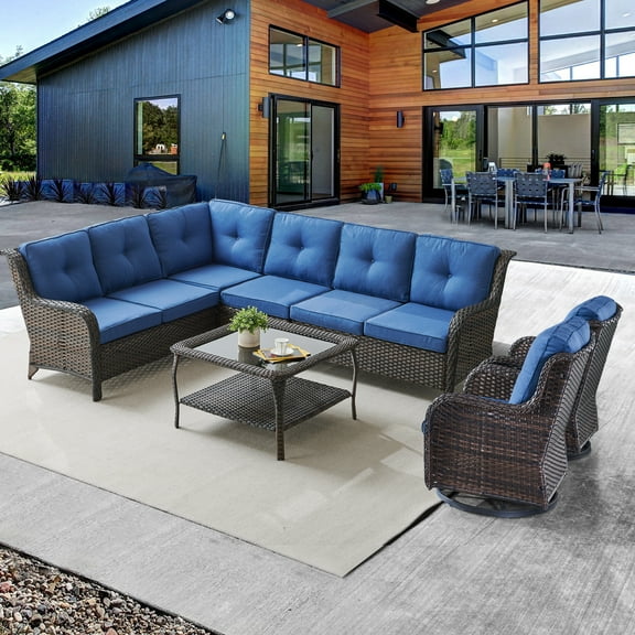 POCASSY 5PCS Outdoor Sectional Patio Furniture Set with Swivel Chairs, All Weather Wicker L Shape Outdoor Sectional Sofa Outdoor Conversation Set