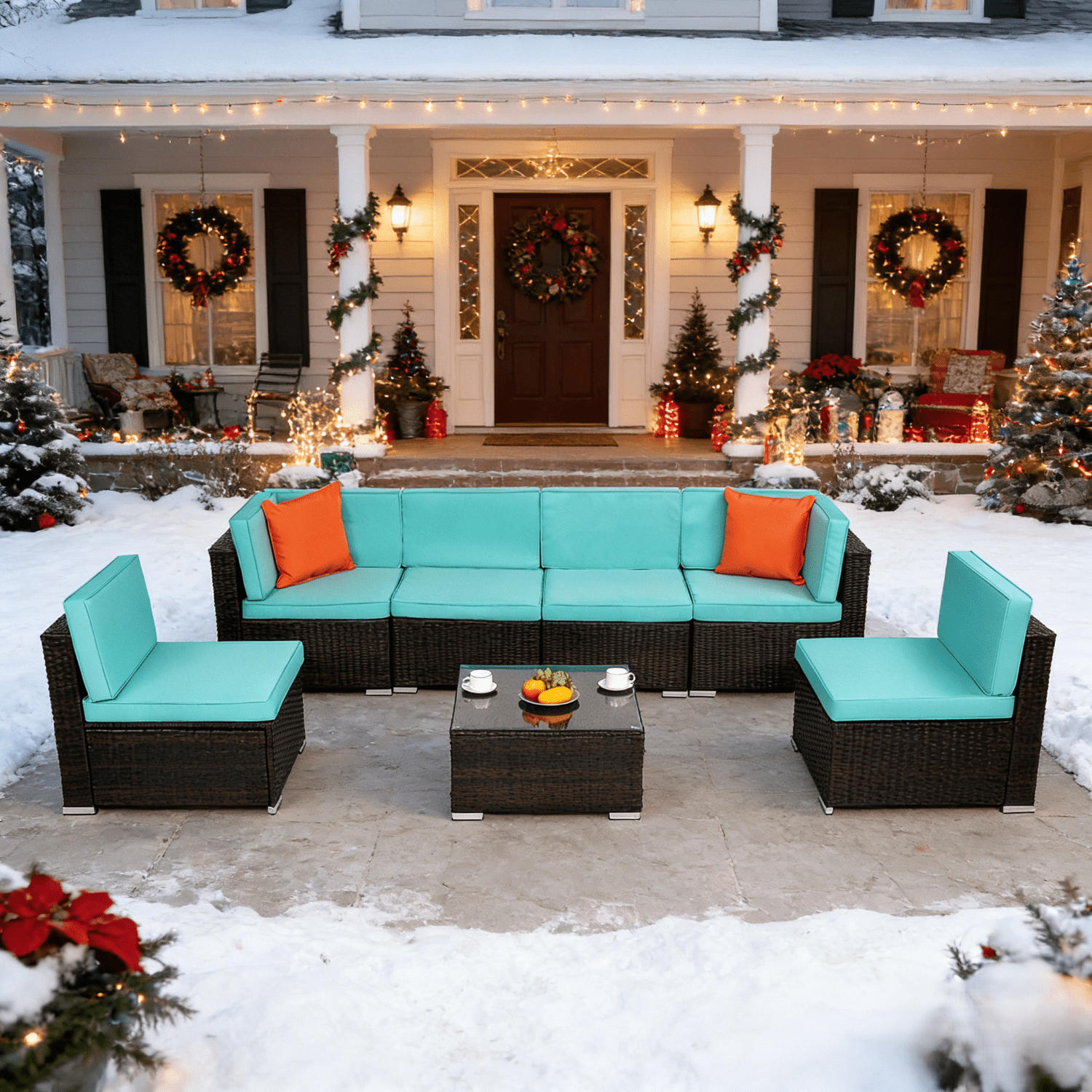 Ktaxon 7 Piece Black Rattan Sofa Set Lake Blue Cushions with Storage Table Boho Living Room Furniture