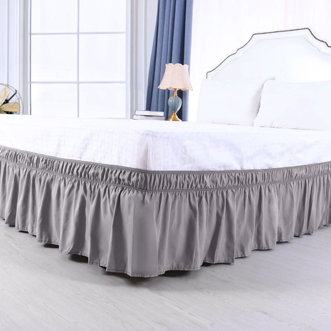 Unique Bargains Elastic Dust Ruffled Bed Skirt with 15" Drop Queen Gray