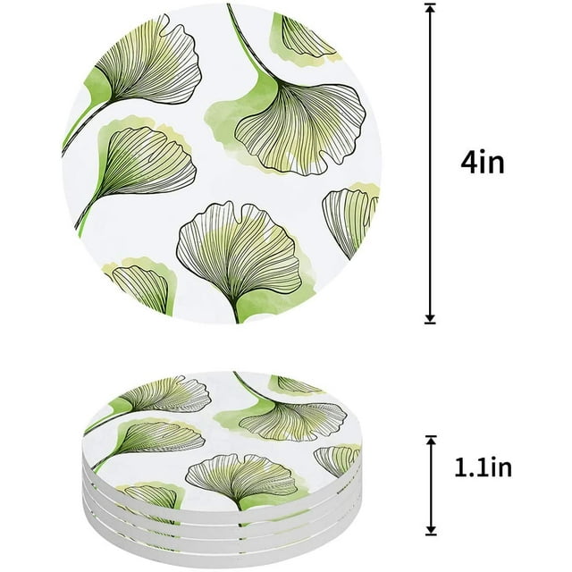 RYLABLUE Feuille de Ginkgo Ligne Style Ensemble de 6 Coaster Rond pour les Boissons, Absorbant en Céramique Coasters en Pierre Tapis de Tasse avec Base en Liège pour la Maison Cuisine Salle Café Table Bar Décor
