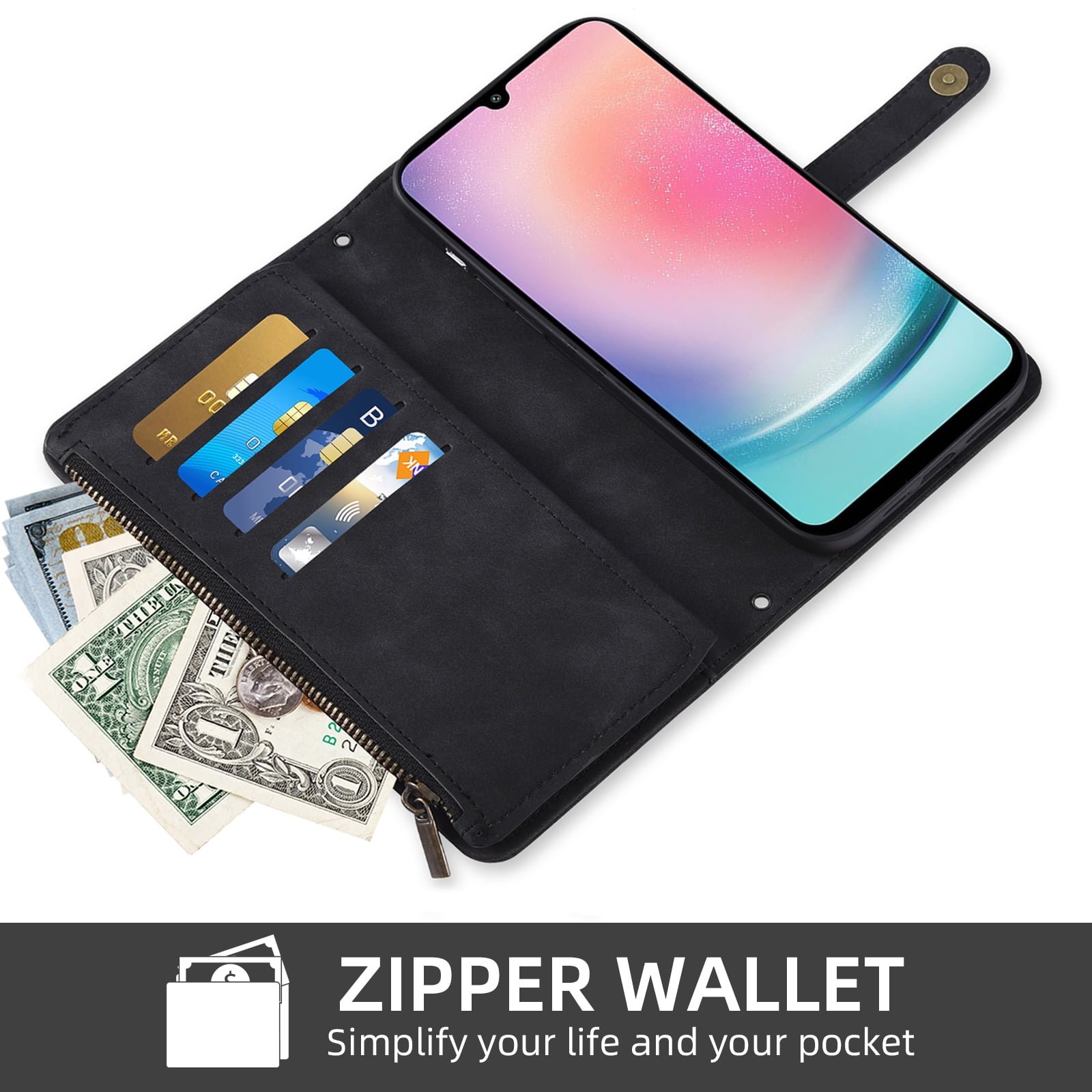 Asuwish Phone Case for Samsung Galaxy A25 5G Wallet Cover With Tempered Glass Screen Protector Crossbody Wrist Strap Flip Pattern Zipper Credit Card Holder Stand Cell A 25 25A SM-A256U Women Black
