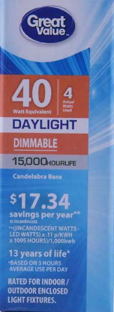 Great Value LED Decorative 4 Watts Daylight Candelabra Base Bulbs, 4 count