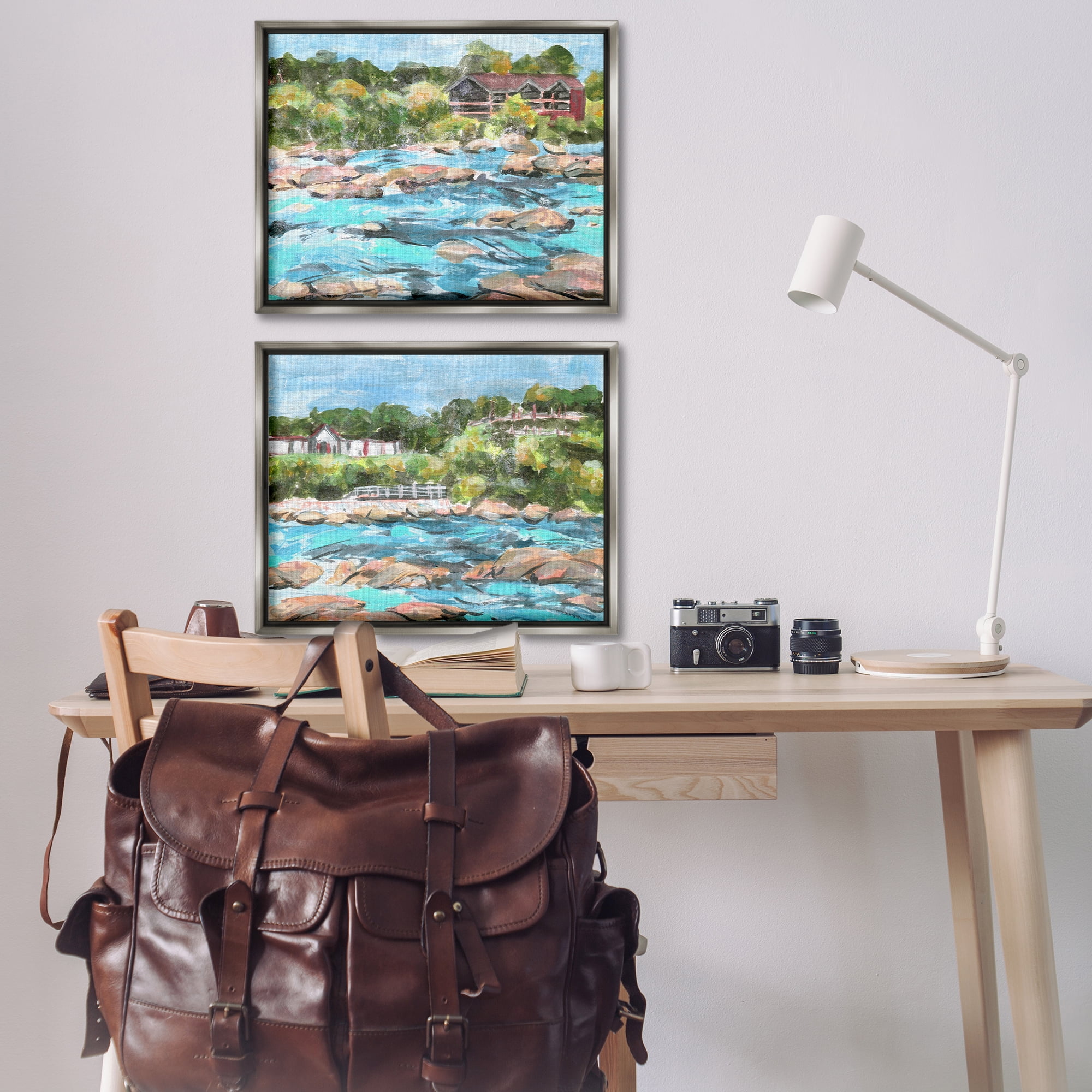 Stupell Industries Flowing River Rocks Nautical & Beach Painting Gray Floater Framed Canvas Art Print Wall Art, 31 x 25, Set of 2