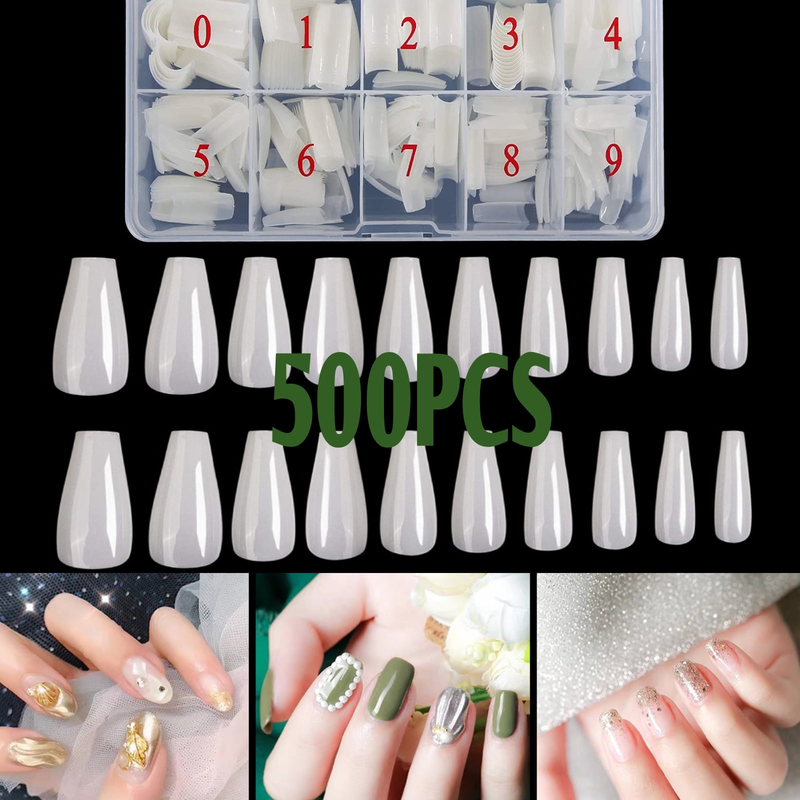 EEEkit Artificial Natural/Clear Full Cover Ballerina Acrylic Fake Nail Tips  Press on False Nails for DIY Nail Art Design Decoration Accessories 10  Sizes with Box, Long Flat, 500 Pieces - Walmart.com