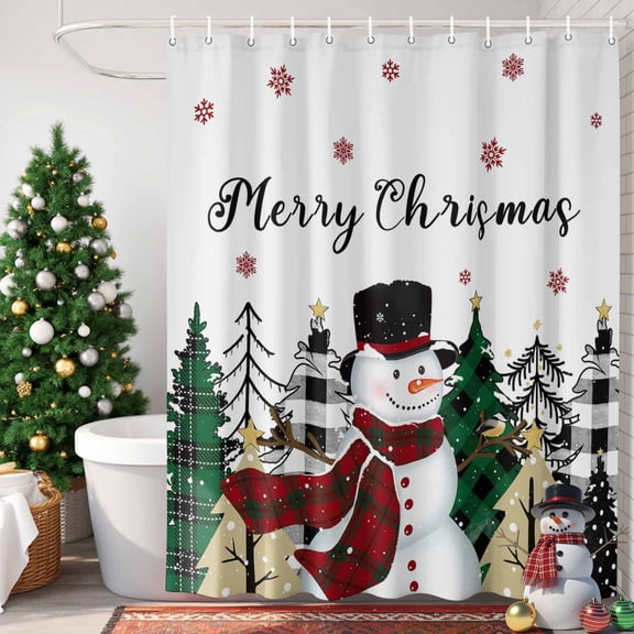 Christmas Plaid Shower Curtain, 36" x 72", Snowman Stars Xmas Tree Waterproof Bathroom Curtain Washable Shower Curtain Set with 12 Hooks