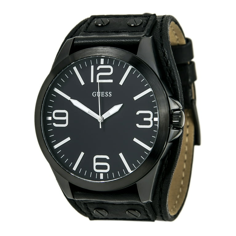 Guess Men s U0181G2 Casual Black Dial Black Leather Cuff Strap Watch