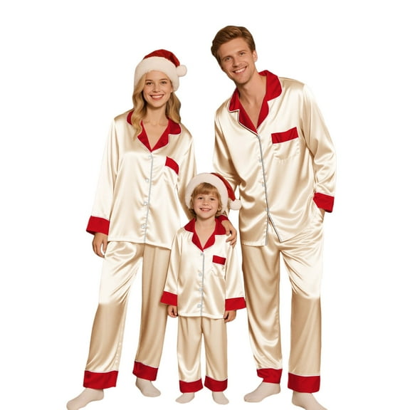 Family Christmas Pajamas Matching Sets Silk Satin Holiday Matching Pajamas Sets Long Sleeve Button Down Comfy Loungewear Sets