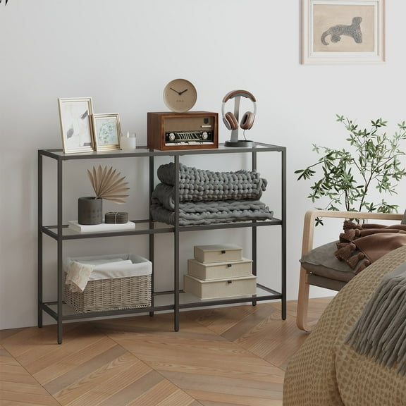 LEDREM Modern Console Table with 3 Tempered Glass Shelves, Metal Frame, for Entryway, Living Room, Behind Couch, Classic Black