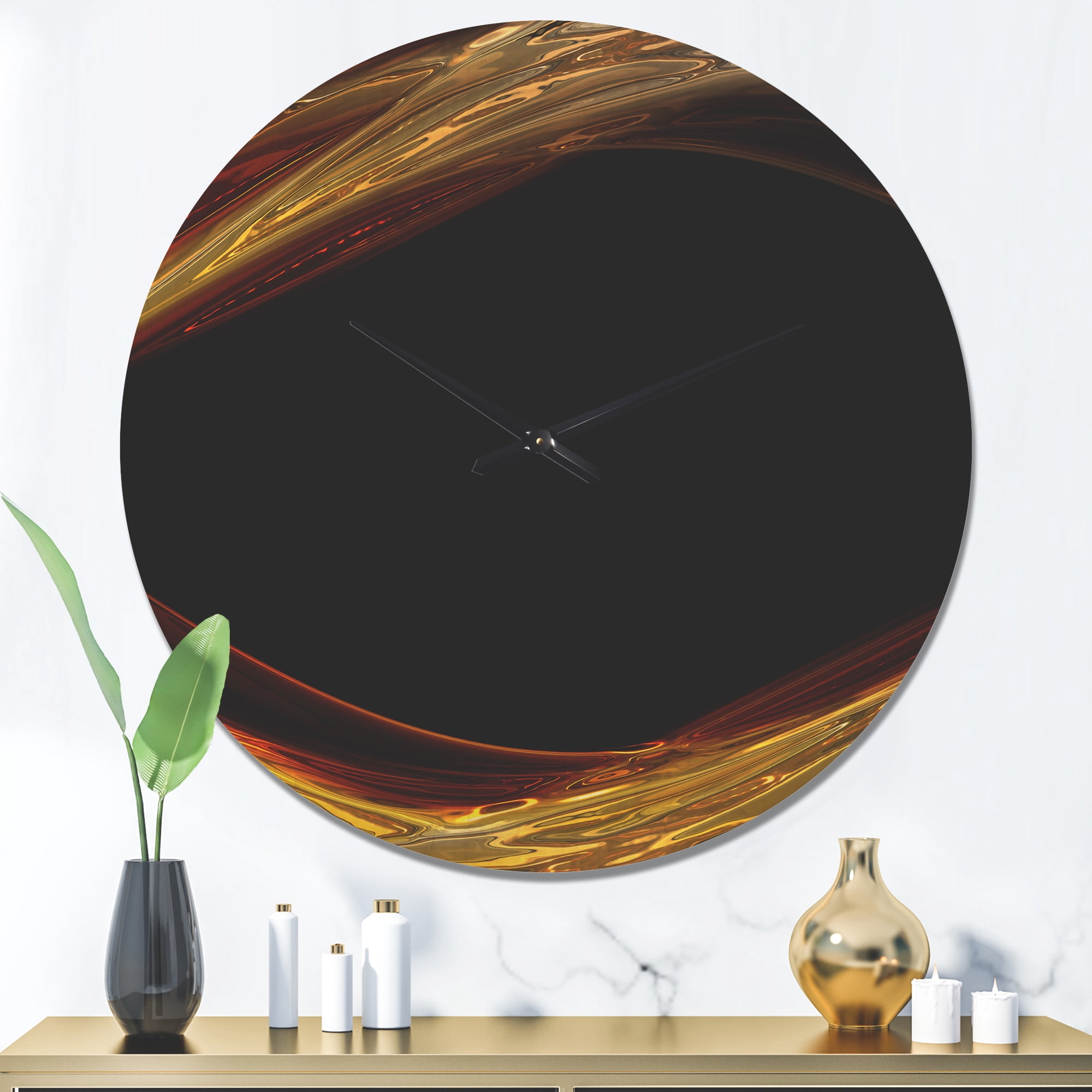 Designart 'Red Golden Waves in Black ' Modern Wood Wall Clock