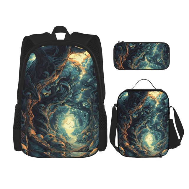 Disketp Enchanted Forest Skull Path Mochila Estampada de Gran Capacidad con Lonchera y Estuche, Set de 3 Piezas para Estudiantes