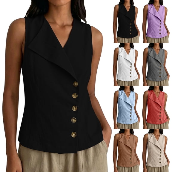 Women's Cotton Linen Tank Tops V Neck Sleeveless Blouse 2026 Summer Casual Button down Collared Vest Shirts by Yigetop Beige L