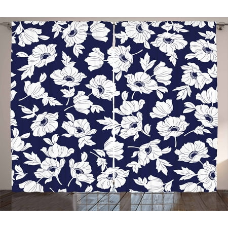 Navy And White Curtains 2 Panels Set Botanical Arrangement With Navy And White Curtains 2 Panels Set Botanical Arrangement With Poppies In Simple Feminine