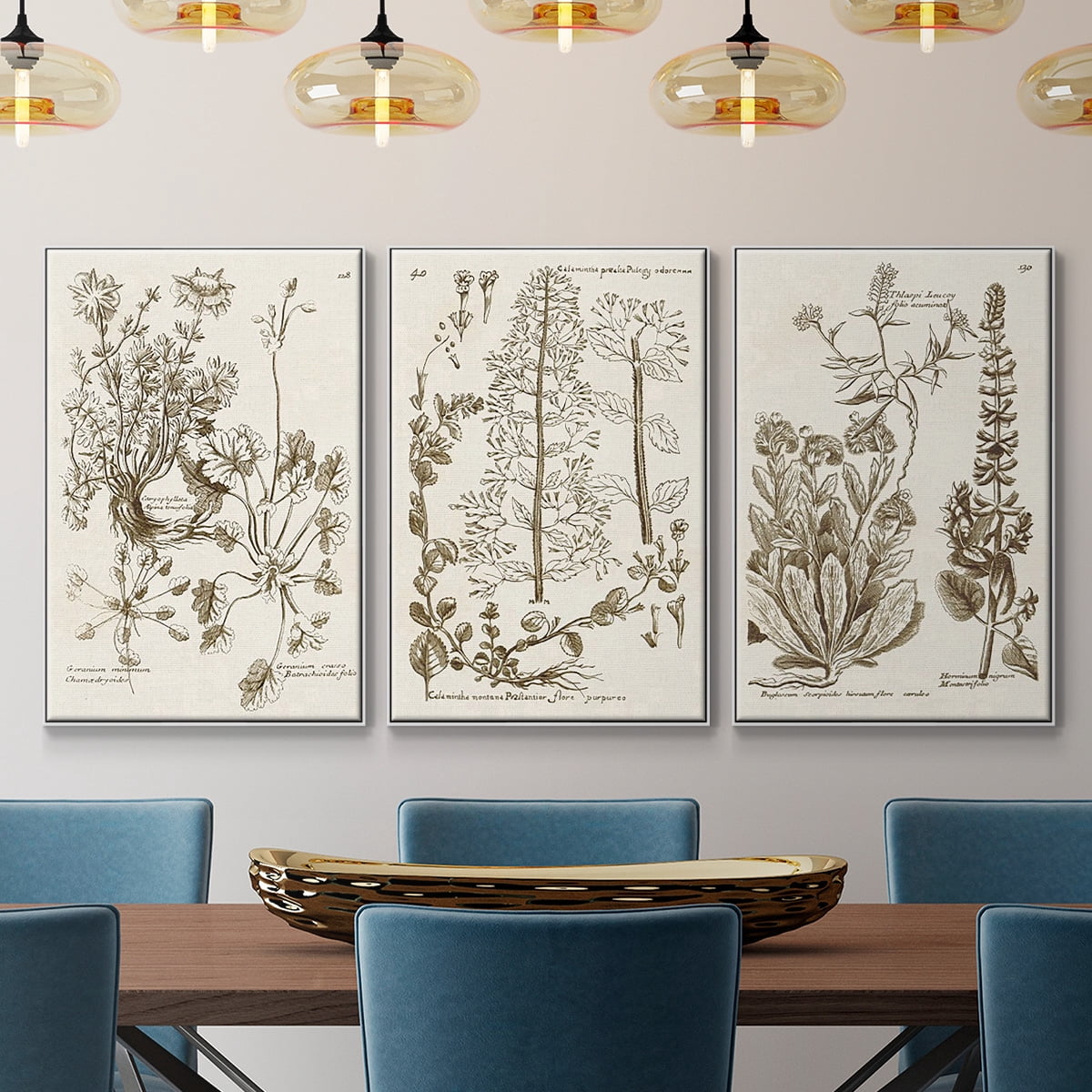 Sepia Botanical Journal IV - Framed Premium Gallery Wrapped Canvas L Frame 3 Piece Set - Ready to Hang