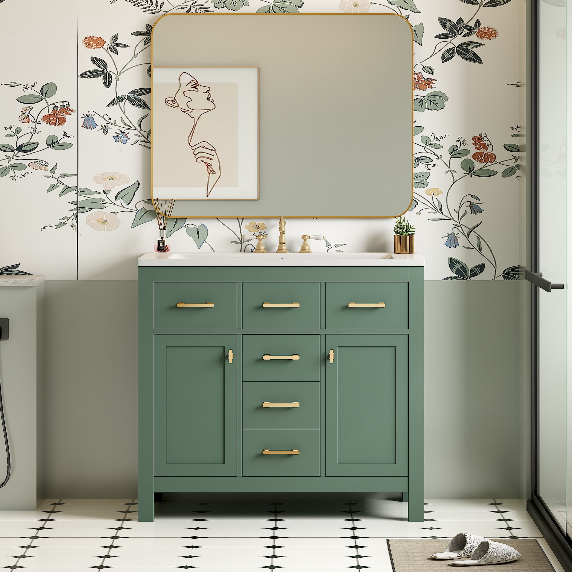 Harper & Bright Designs 36" Bathroom Vanity Sink Combo, Bathroom Storage Cabinet with Drawers, Single Sink Bathroom Vanity with Solid Wood Frame, Green