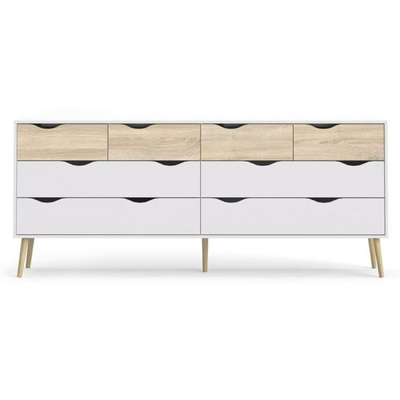 Pemberly Row Mordern Style 8 Drawer Wide Dresser in White and Oak