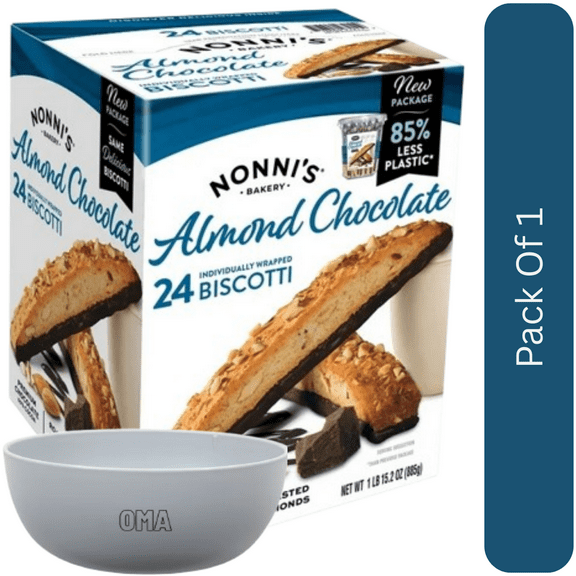 Nonni's Almond Chocolate Biscotti Cookies, 24 Count Box With White Bowl By OMA