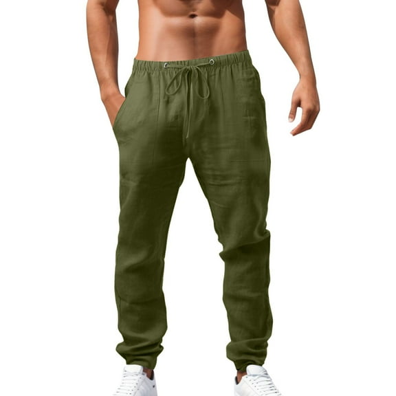 Mens Summer Pants Summer Solid Basic Linen Pants with Drawstring Loose Fit Breathable Thin Lightweight Cargo Sweatpants for Men Army Green L