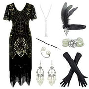 Women 1920S V Neck Sequined Beaded Gatsby Flapper Dress with 20s Accessories Set (M, Style Flora 2 Black Gold)