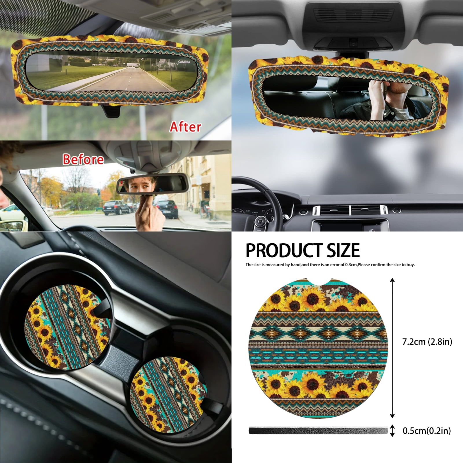 Yuyamidu Sunflower Car Seat Cover Full Set of 14 Green Aztec Steering Wheel Cover Seat Belt Covers Car Center Control Cover Gabage Bag Rearview Mirror Cover Handbrake Cover Set Coasters