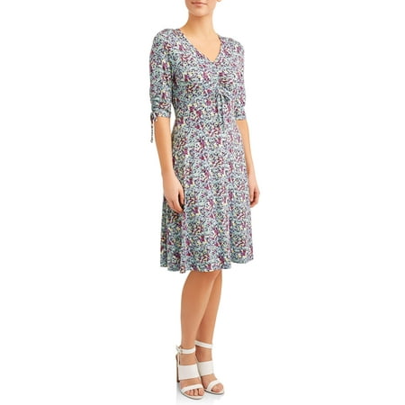 - Women's V-Neck Ruched Sleeve Skater Dress