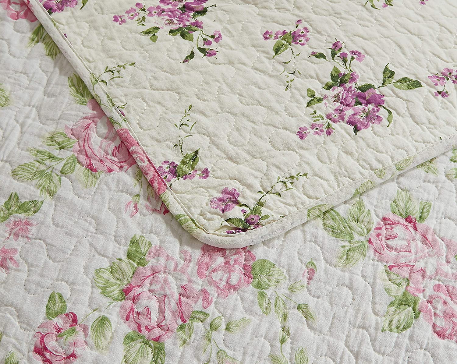 Chezmoi Collection Dakota 3-Piece Printed Pink Rose Cotton Quilt Set, Pink Floral Flower Reversible Stone Washed Lightweight Bedspread, Queen Size