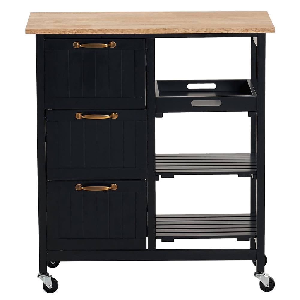 Kadyn Kitchen Island Cart, Moveable Kitchen Cart with Three Drawers and Three Layers Black Handle, Rolling Bar Cart for Home, Black Kadyn Kitchen Island Cart, Moveable Kitchen Cart with Three Drawers and Three Layers Black Handle, Rolling Bar Cart for Home, Black