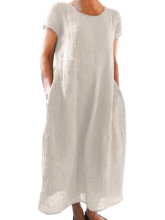 Ladies Summer Beach Sundress Crew Neck Long Dress Solid Color Loose Maxi Dresses Short Sleeve Women Kaftan Vintage Retro With Pockets White S