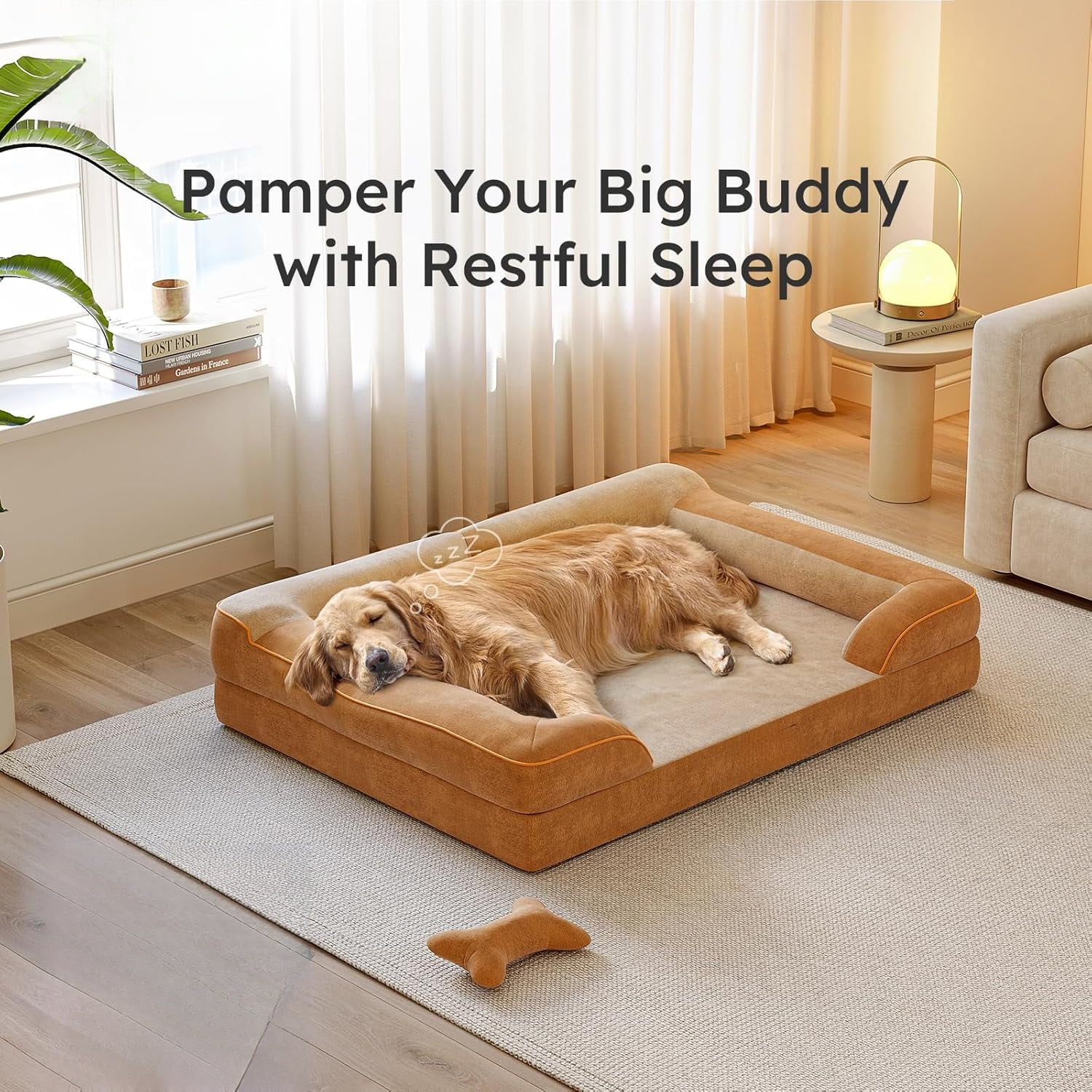 XXL Dog Bed for Extra Large Dogs, Giant Orthopedic Dog Bed with Cooling Gel Memory Foam, Waterproof Pet Bed with Removable Washable Cover, 53" Pet Sofa Bed Dutch Velvet with Bone Toy, Brown
