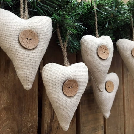 Natural White Fabric Rustic Heart Christmas Ornaments - Set of