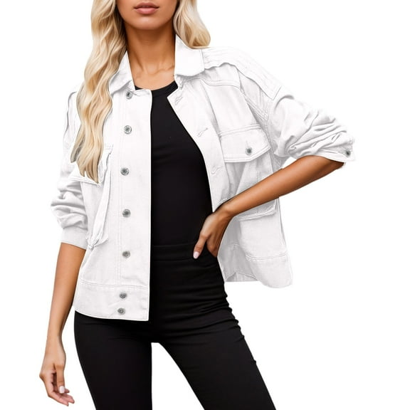 Women Jackets Women's Outerwear Women's Short Button Workwear Denim Jacket Long Sleeved Hooded Denim Jacket