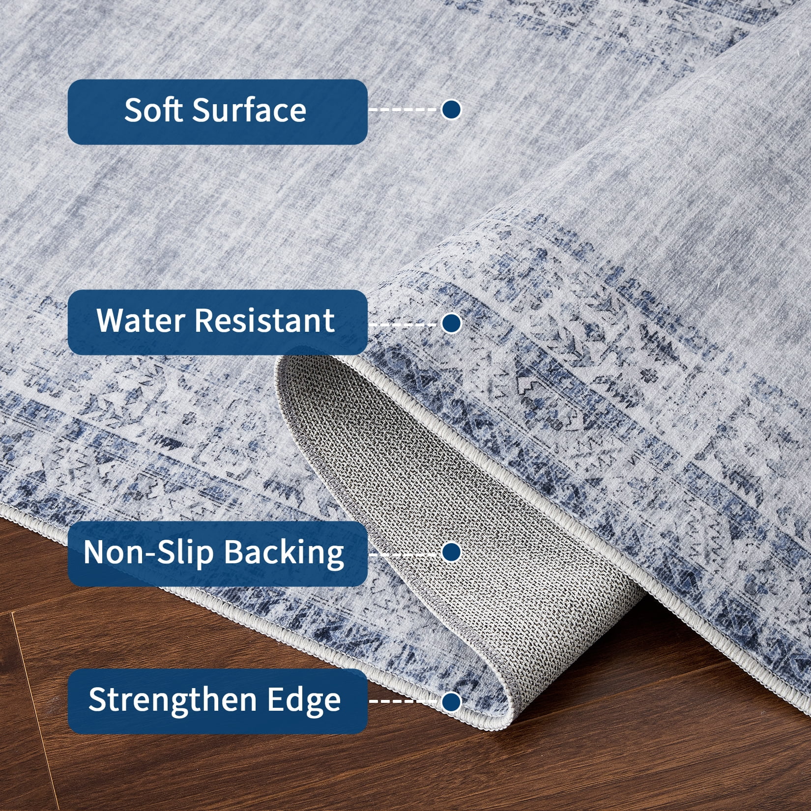 Hasoo Living Room Area Rug 5' x 7' Border Rug for Bedroom Stain-Resistant Washable Indoor Carpet, Light Blue