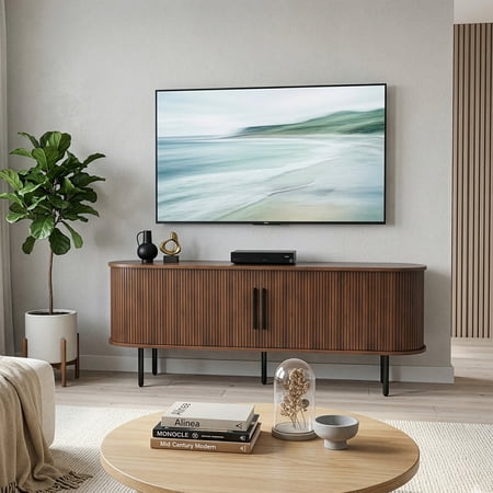 UBesGoo Fluted TV Stand with Sliding Doors Wooden Oval Media Console Suitable for The Living Room TV Stand for 60 Inch TV Walnut