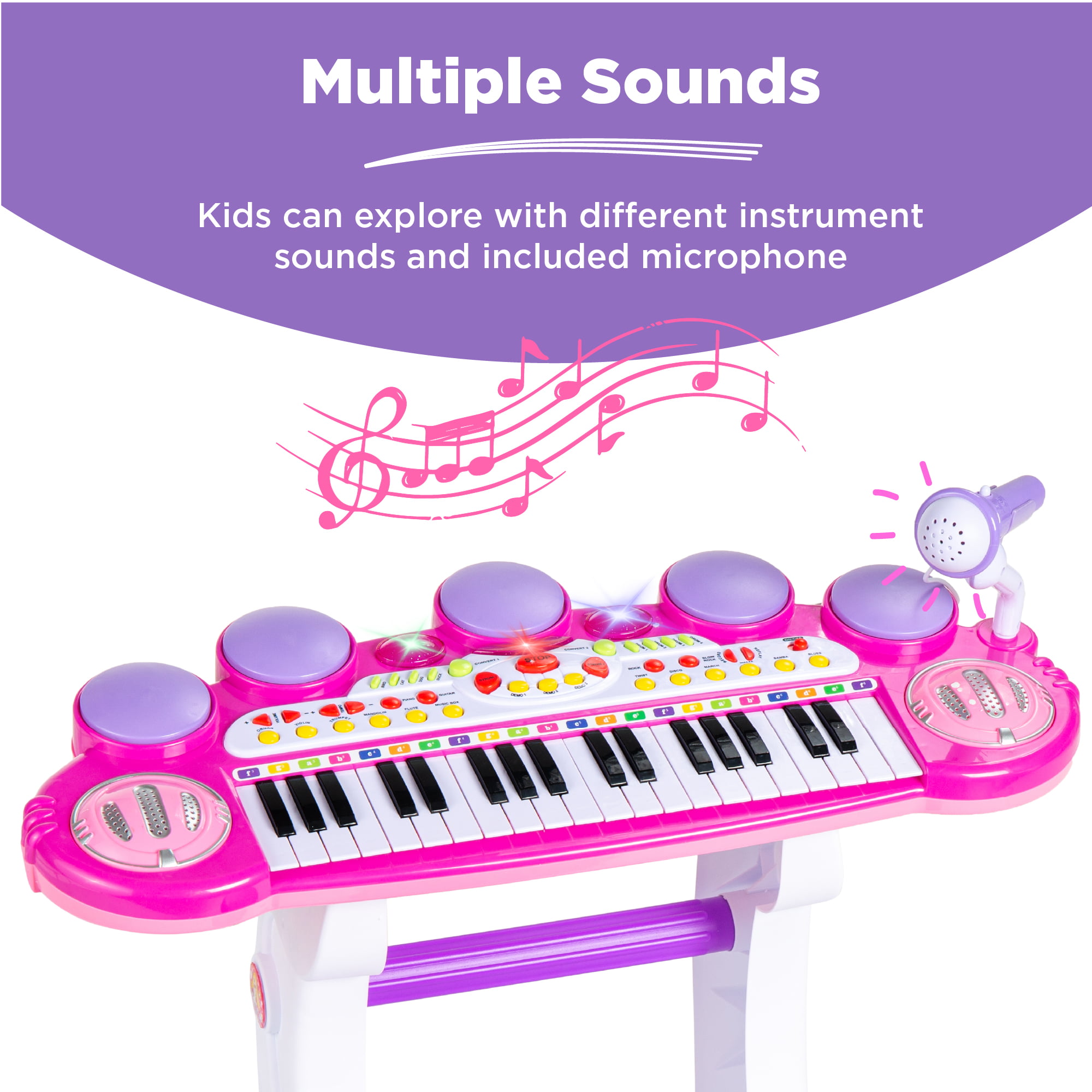 Best Choice Products 37-Key Kids Electronic Piano Keyboard w/ Multiple Sounds, Lights Microphone, Stool - Pink - image 5 of 7