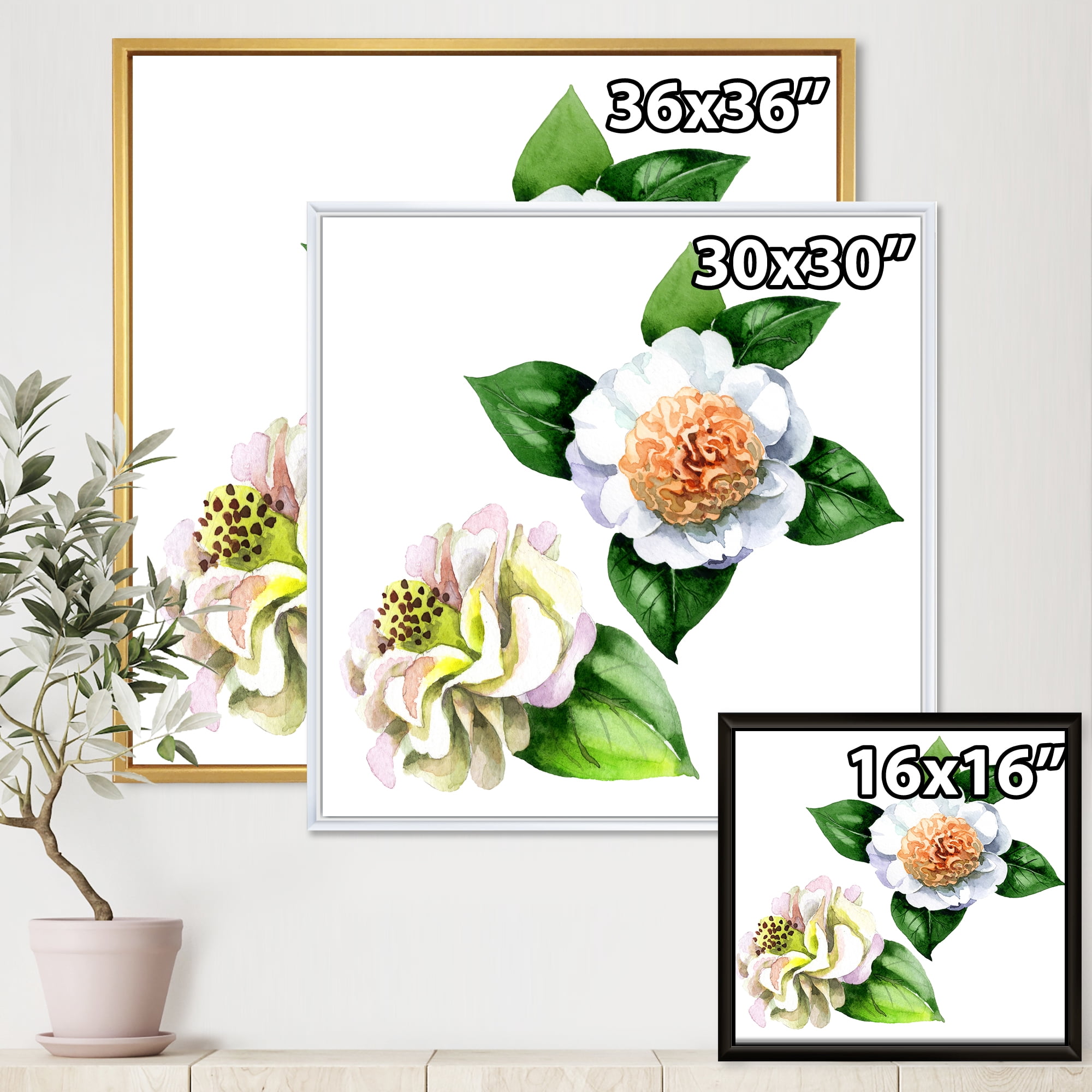 Designart 'Ancient White Camellia Flowers With Green Leaves' Traditional Framed Canvas Wall Art Print