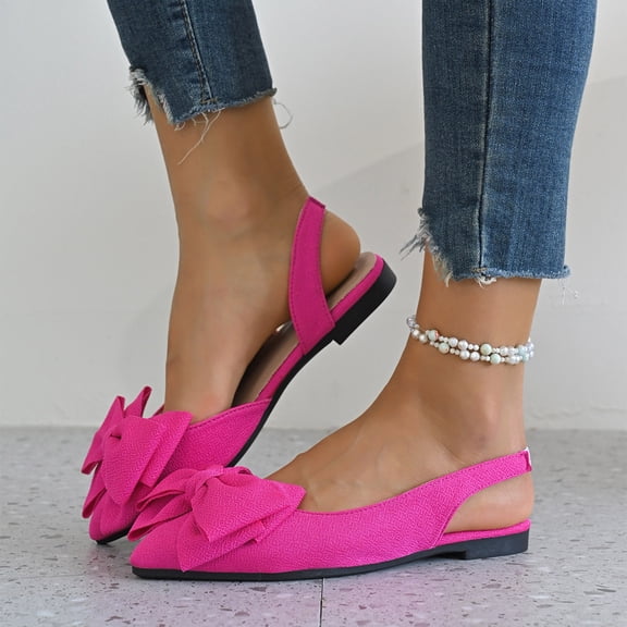 Willtoo Bow Pointed Toe Dress Flat Shoes for Women Elastic Back Slingback Flats Fashion Casual Adjustable Ankle Strap Shoes
