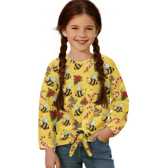 DISNIMO Bee Candy Print Girls Long Sleeve Tops Kids Lace-up Shirts Casual Crew Neck Blouse Shirts Loose Fit Pullover Top