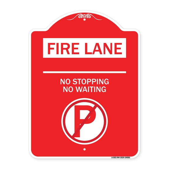 SignMission A-DES-RW-1824-24003 18 x 24 in. Designer Series Sign - Fire Lane No Parking No Waiting with No Parking Symbol, Red & White