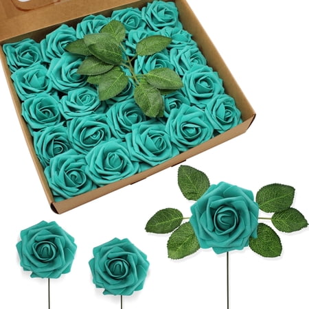 50 PCS Dark Turquoise Artificial Flowers Real Looking Faux Foam Fake Roses with Stems for Wedding Decoration Bridal Shower Centerpieces Arrangements Party Tables Decor