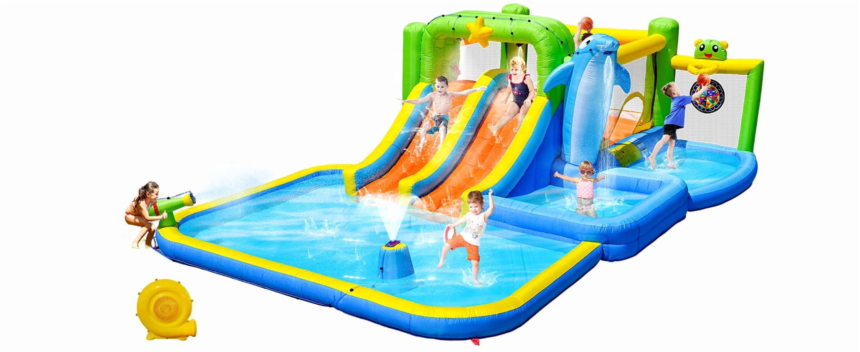 Mintazer 9-In-1 Inflatable Bounce House with Blower, 2 Slides Play Castle with Shower Soak Pool, Sprinkler Fountain, Climbing Wall & Water Gun for Kids