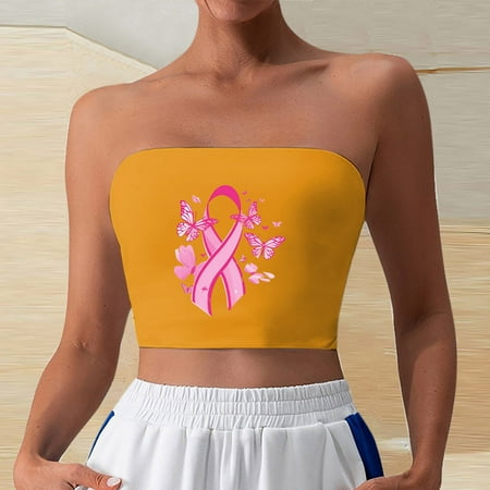 WDZUDU Womens Tube Tops Breast Cancer Shirt Pink Ribbon Graphic Crop Tops Going Out Strapless Basic Backless Bandeau Bra Gold