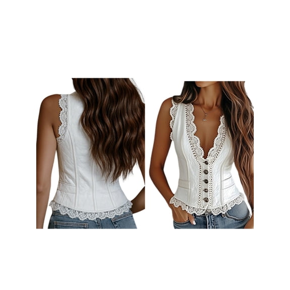 Women'S Sleeveless Western Cowgirl Outfit Vest Tops V Neck Cropped Casual Tops Regular Fitted Jacket Waistcoat White XXL