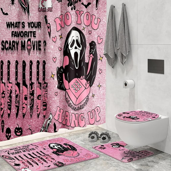 4 Pcs Gothic Shower Curtain Sets with Rugs,Funny Shower Curtain Sets with Mats and Accessories Party Scary Bathroom Decor,Cute Bathroom Decor