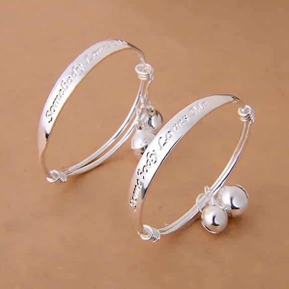 DESIGNICE 2026 New 2Pcs Charm Bracelet Double Bells Jewelry Gifts Silver Plated Infant English Letter Bangle Bracelet for Baby Baby Bracelets for Infant Girls