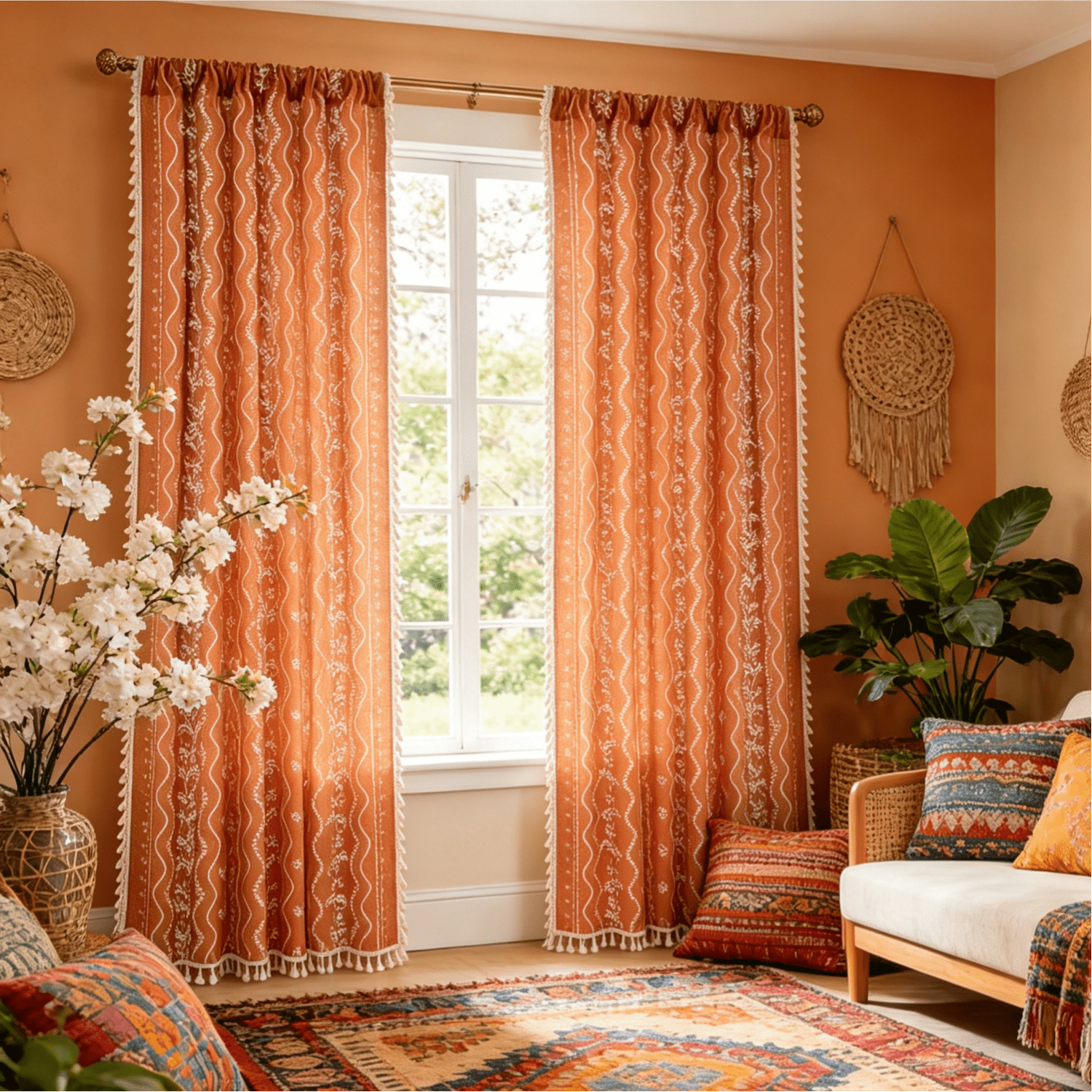 Invoibler Boho Farmhouse Muted Faded Burnt Orange Filtering Window Curtains, Linen Blend Drapes with Tassels & White Pattern, 52" x 84", Set of 2