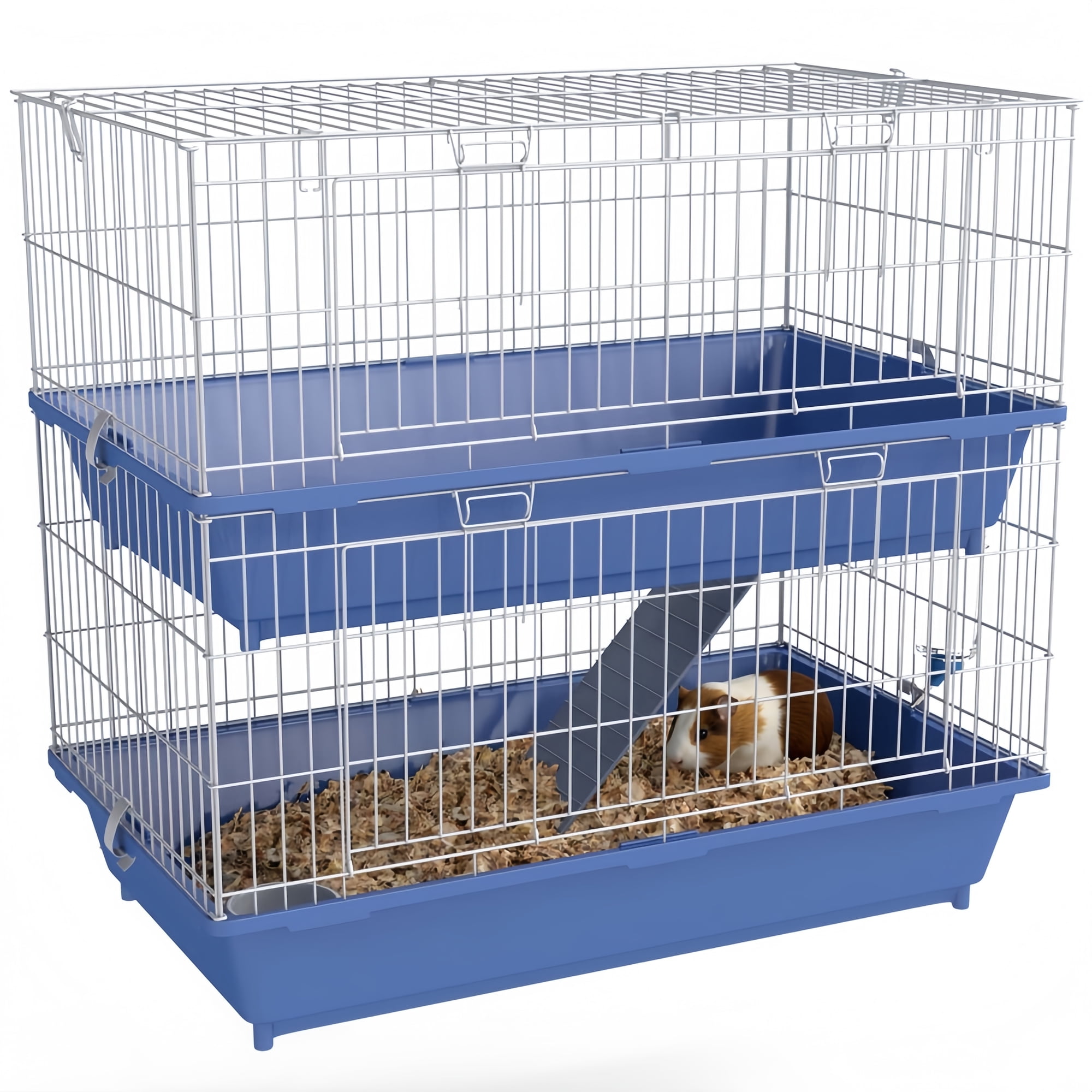 2-Tier Small Animal Cage, Chinchilla Ferret Cage Indoor with Dish and Bottle, 2 Doors, Deep Bottoms, Ramp, 28", Blue