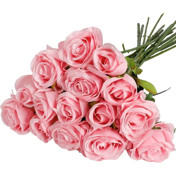15pcs Artificial Roses with Long Stems Silk Pink Roses Artificial
