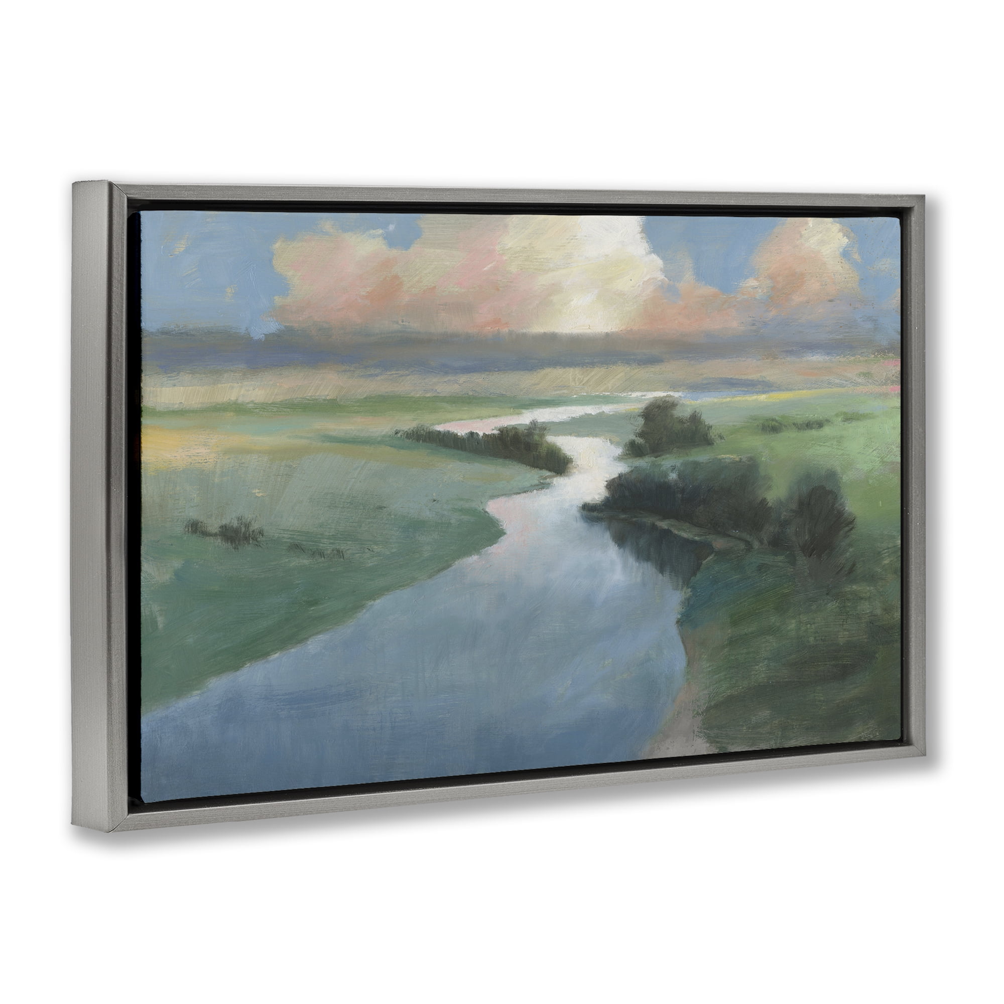 Stupell Industries Stream Landscape in January Landscape & Nature Painting Gray Floater Framed Canvas Art Print Wall Art, 25 x 17